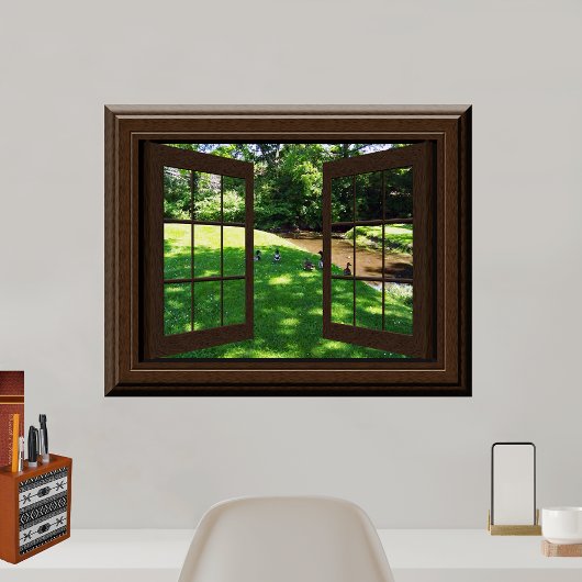 Faux Window Poster Peaceful Green Grass Ducks