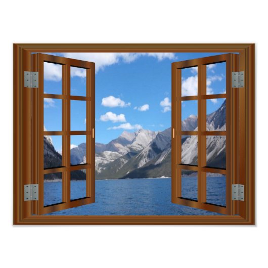 Faux Window Rocky Mountain Peaceful Lake Foto Afdruk (Voorkant)
