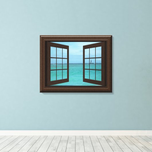 Faux Window Uitzicht Aquamarijn Oceaan Scène Tranq Canvas Afdruk (Insitu (Houten vloer))
