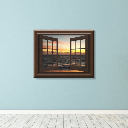 Faux Window Uitzicht Ontspannen Ocean Sunset  Canvas Afdruk (Insitu (Houten vloer))