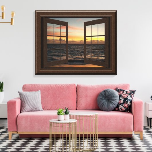Faux Window Uitzicht Ontspannen Ocean Sunset  Canvas Afdruk (Insitu (Woonkamer))
