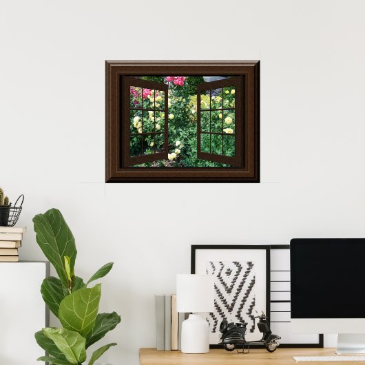Faux Window Uitzicht Peaceful Roos Garden Relaxing Poster (Thuiskantoor)