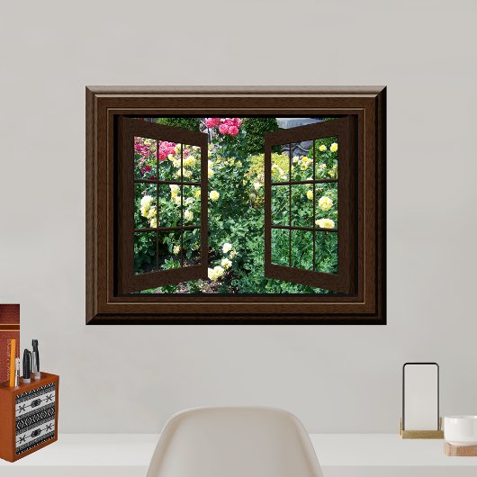 Faux Window Uitzicht Peaceful Roos Garden Relaxing Poster