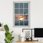 Faux Window White Wood Window Lijst Flock of Birds Poster (Thuiskantoor)