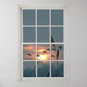Faux Window White Wood Window Lijst Flock of Birds Poster