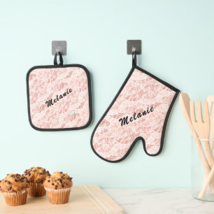 Faux witte kant visnet aangepaste naam gepersonali ovenwant & pannenlap set