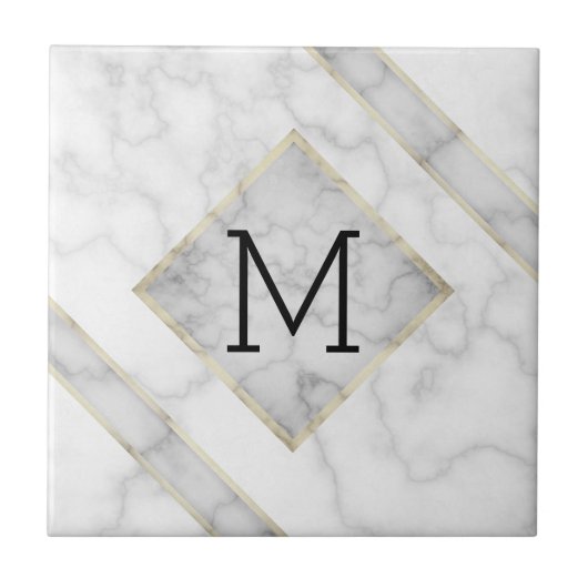 Faux witte marmer en beige albast met monogram tegeltje (Voorkant)