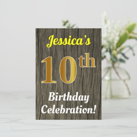Faux Wood, Faux Gold 10th Birthday Celebration Kaart (Staand voorkant)
