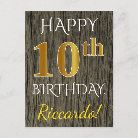 Faux Wood, Faux Gold 10th Birthday + Eigen naam Briefkaart (Voorkant)