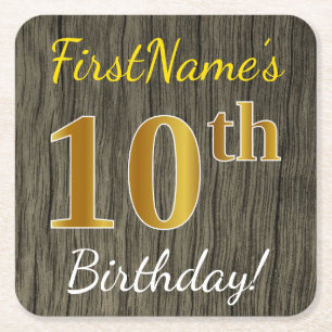 Faux Wood, Faux Gold 10th Birthday + Eigen naam Kartonnen Onderzetters