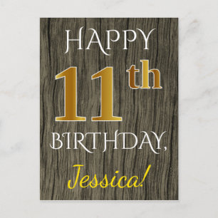 Faux Wood, Faux Gold 11th Birthday + Eigen naam Briefkaart