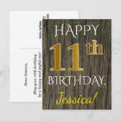 Faux Wood, Faux Gold 11th Birthday + Eigen naam Briefkaart (Voorkant / Achterkant)