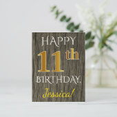 Faux Wood, Faux Gold 11th Birthday + Eigen naam Briefkaart (Staand voorkant)