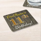 Faux Wood, Faux Gold 11th Birthday + Eigen naam Kartonnen Onderzetters (Schuin)