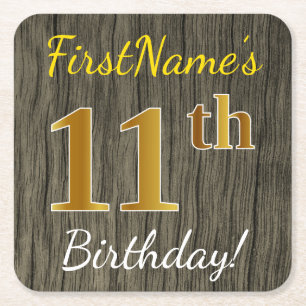 Faux Wood, Faux Gold 11th Birthday + Eigen naam Kartonnen Onderzetters