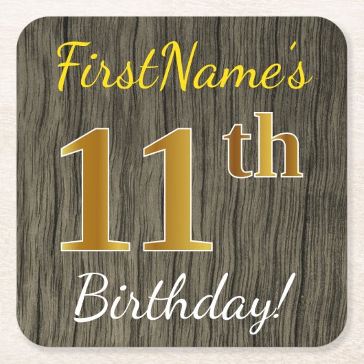 Faux Wood, Faux Gold 11th Birthday + Eigen naam Kartonnen Onderzetters (Voorkant)