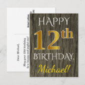 Faux Wood, Faux Gold 12th Birthday + Eigen naam Briefkaart (Voorkant / Achterkant)