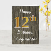 Faux Wood, Faux Gold 12th Birthday + Eigen naam Kaart (Gele Bloem)