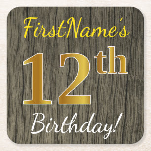 Faux Wood, Faux Gold 12th Birthday + Eigen naam Kartonnen Onderzetters