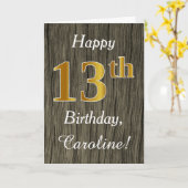 Faux Wood, Faux Gold 13th Birthday + Eigen naam Kaart (Gele Bloem)
