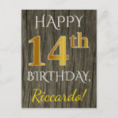 Faux Wood, Faux Gold 14th Birthday + Eigen naam Briefkaart (Voorkant)