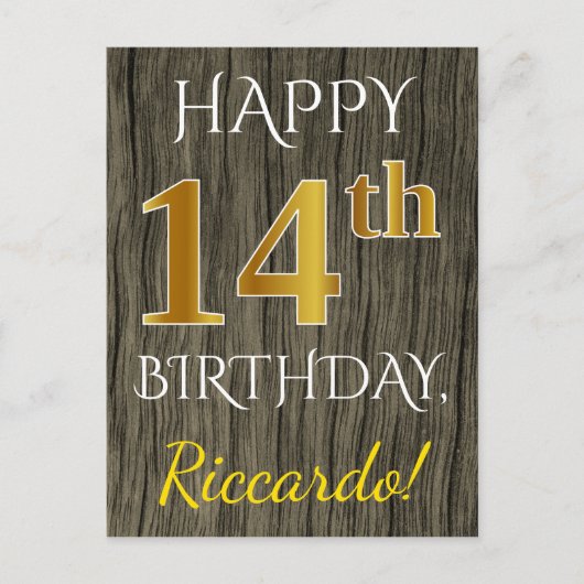Faux Wood, Faux Gold 14th Birthday + Eigen naam Briefkaart (Voorkant)