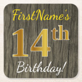 Faux Wood, Faux Gold 14th Birthday + Eigen naam Kartonnen Onderzetters (Voorkant)