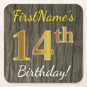 Faux Wood, Faux Gold 14th Birthday + Eigen naam Kartonnen Onderzetters