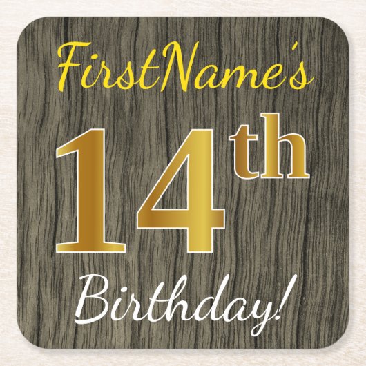 Faux Wood, Faux Gold 14th Birthday + Eigen naam Kartonnen Onderzetters (Voorkant)