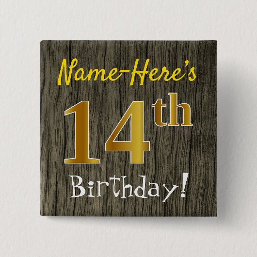 Faux Wood, Faux Gold 14th Birthday + Eigen naam Vierkante Button 5,1 Cm (Voorkant)