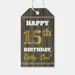 Faux Wood, Faux Gold 15th Birthday + Eigen naam Cadeaulabel