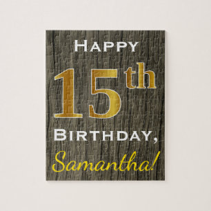 Faux Wood, Faux Gold 15th Birthday + Eigen naam Legpuzzel