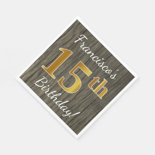 Faux Wood, Faux Gold 15th Birthday + Eigen naam Servetten (Hoek)
