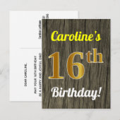 Faux Wood, Faux Gold 16th Birthday & Custom Name Briefkaart (Voorkant / Achterkant)