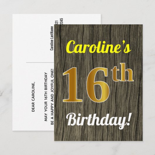 Faux Wood, Faux Gold 16th Birthday & Custom Name Briefkaart (Voorkant / Achterkant)
