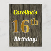 Faux Wood, Faux Gold 16th Birthday & Custom Name Briefkaart (Voorkant)
