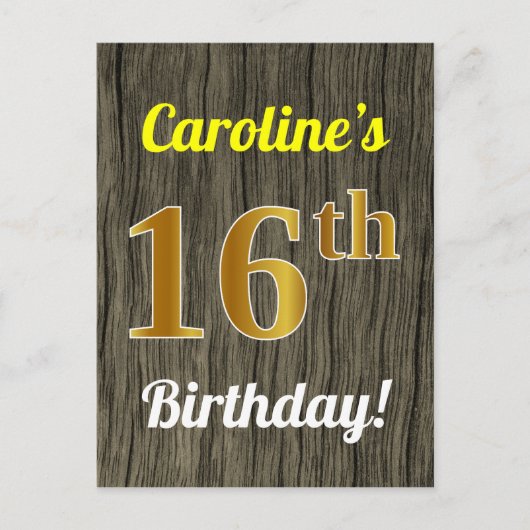 Faux Wood, Faux Gold 16th Birthday & Custom Name Briefkaart (Voorkant)