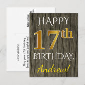 Faux Wood, Faux Gold 17th Birthday + Eigen naam Briefkaart (Voorkant / Achterkant)