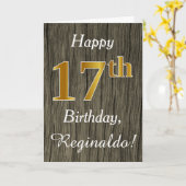 Faux Wood, Faux Gold 17th Birthday + Eigen naam Kaart (Gele Bloem)