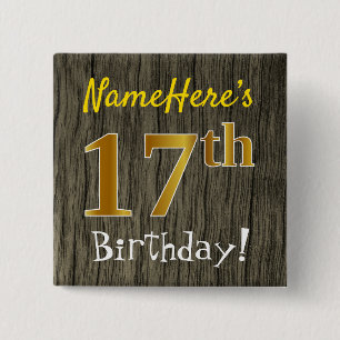 Faux Wood, Faux Gold 17th Birthday + Eigen naam Vierkante Button 5,1 Cm