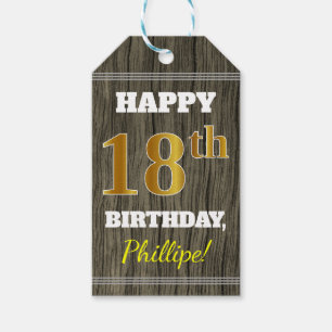 Faux Wood, Faux Gold 18th Birthday + Eigen naam Cadeaulabel