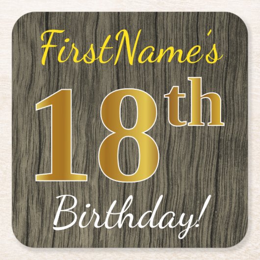 Faux Wood, Faux Gold 18th Birthday + Eigen naam Kartonnen Onderzetters (Voorkant)