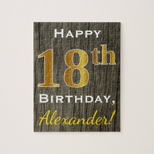 Faux Wood, Faux Gold 18th Birthday + Eigen naam Legpuzzel (Verticaal)