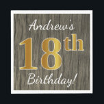 Faux Wood, Faux Gold 18th Birthday   Eigen naam Servetten<br><div class="desc">Dit eenvoudige papieren servetontwerp heeft een boodschap als "Andrew's 18th Birthday!",  met de "18th" met een faux goud-achtige uitstraling,  op een faux hout uiterlijk achtergrond. De naam kan gepersonaliseerd worden. Het kan gebruikt worden op een verjaardagsfeestje voor iemand die zijn achttiende verjaardag viert. [~Z0000084]</div>