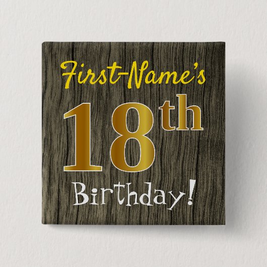 Faux Wood, Faux Gold 18th Birthday + Eigen naam Vierkante Button 5,1 Cm (Voorkant)