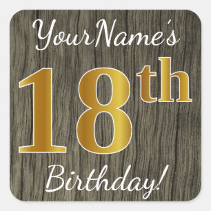 Faux Wood, Faux Gold 18th Birthday + Eigen naam Vierkante Sticker