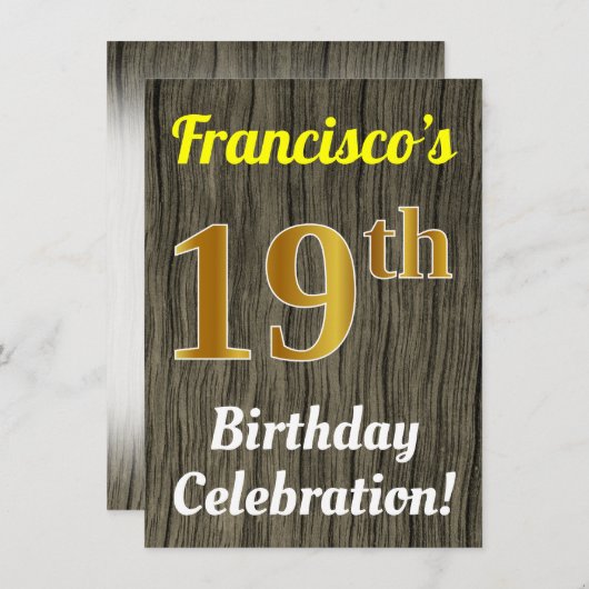 Faux Wood, Faux Gold 19e verjaardag Kaart (Voorkant / Achterkant)