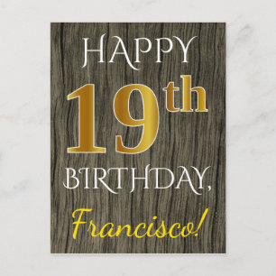 Faux Wood, Faux Gold 19th Birthday + Eigen naam Briefkaart