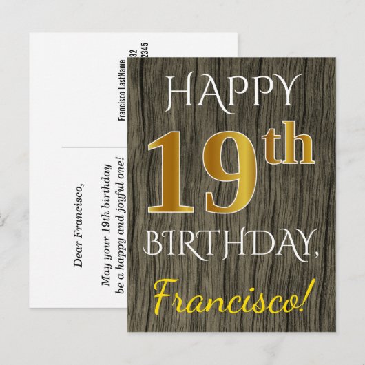 Faux Wood, Faux Gold 19th Birthday + Eigen naam Briefkaart (Voorkant / Achterkant)