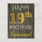 Faux Wood, Faux Gold 19th Birthday + Eigen naam Briefkaart (Voorkant)